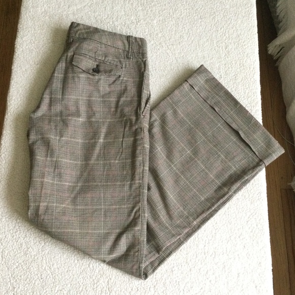 GAP Stretch Glen Plaid Flare Cuffed Trousers Y2K Tan Brown - Sz 6 - Picture 2 of 15